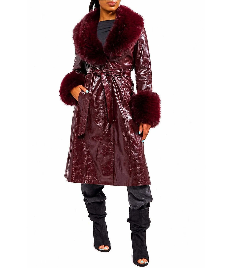 Azalea Wang Kaya Open Lapel Belted Faux Leather Trench Coat