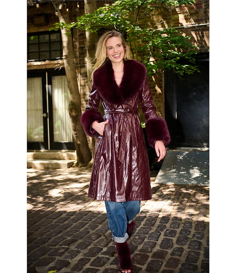 Azalea Wang Kaya Open Lapel Belted Faux Leather Trench Coat