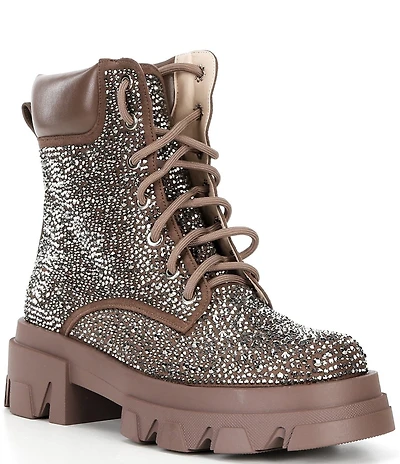 Azalea Wang Kayly Rhinestone Embellished Platform Combat Mid Calf Boots