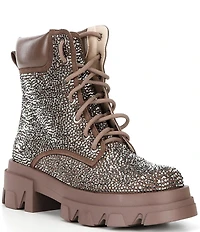 Azalea Wang Kayly Rhinestone Embellished Platform Combat Mid Calf Boots