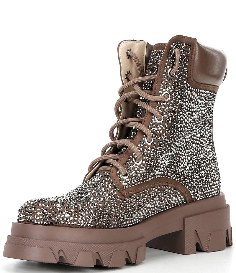 Azalea Wang Kayly Rhinestone Embellished Platform Combat Mid Calf Boots