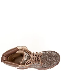 Azalea Wang Kayly Rhinestone Embellished Platform Combat Mid Calf Boots