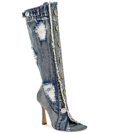 Azalea Wang Kazuki Deconstructed Denim Open Toe Tall Boots