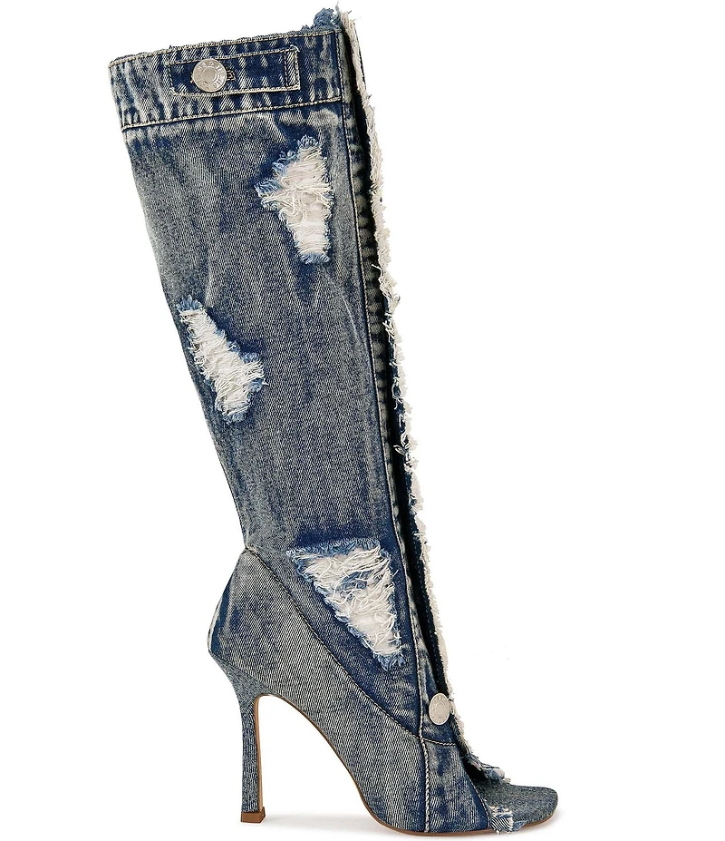 Azalea Wang Kazuki Deconstructed Denim Open Toe Tall Boots