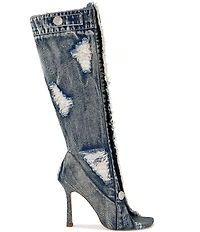 Azalea Wang Kazuki Deconstructed Denim Open Toe Tall Boots