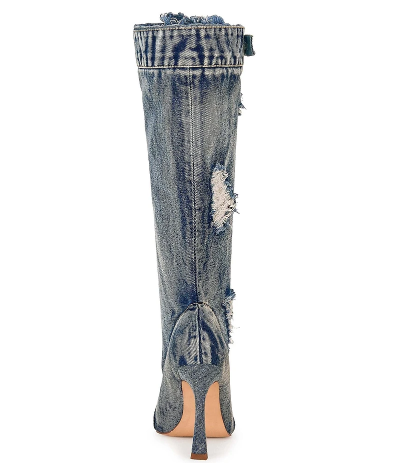 Azalea Wang Kazuki Deconstructed Denim Open Toe Tall Boots