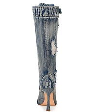 Azalea Wang Kazuki Deconstructed Denim Open Toe Tall Boots