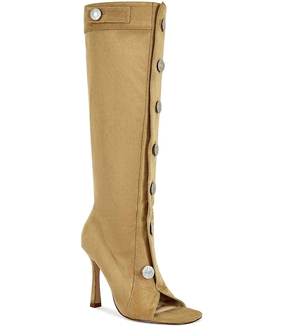 Azalea Wang Kazuki Button Hardware Peep Toe Stiletto Tall Boots