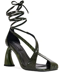 Azalea Wang Keleder Croco Print Square Split Toe Ankle Tie Sandals