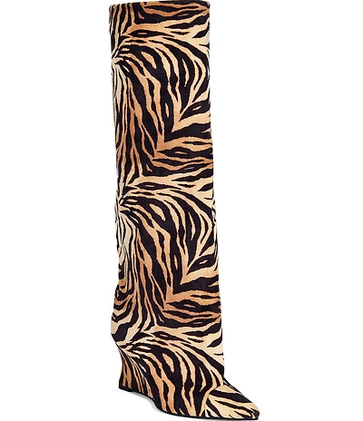 Azalea Wang Kenya Tiger Print Wedge Over the Knee Boots