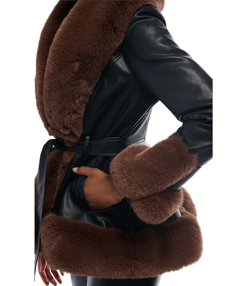 Azalea Wang Kenzy Faux Fur Trim Notch Lapel Belted Penny Lane Jacket
