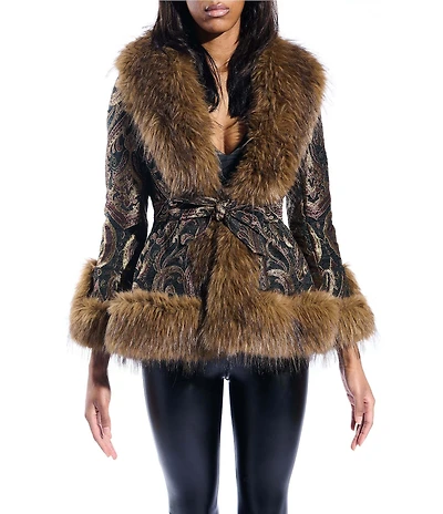 Azalea Wang Kenzy Jacquard Peplum Faux Fur Oversize Shawl Collar Belted Jacket