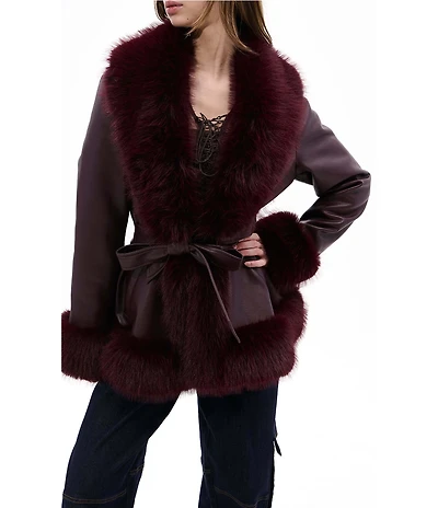 Azalea Wang Kenzy Solid Faux Fur Trim Notch Lapel Belted Penny Lane Jacket