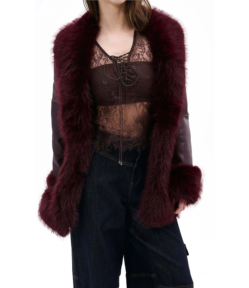 Azalea Wang Kenzy Solid Faux Fur Trim Notch Lapel Belted Penny Lane Jacket