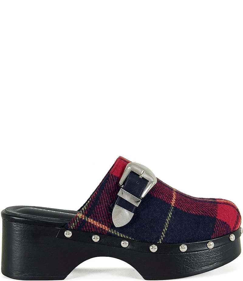 Azalea Wang Latifah Studded Plaid Western Buckle Hardware Platform Clogs
