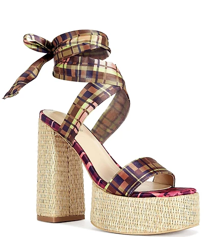 Azalea Wang Lazuli Plaid Ankle Tie Platform Block Heel Sandals