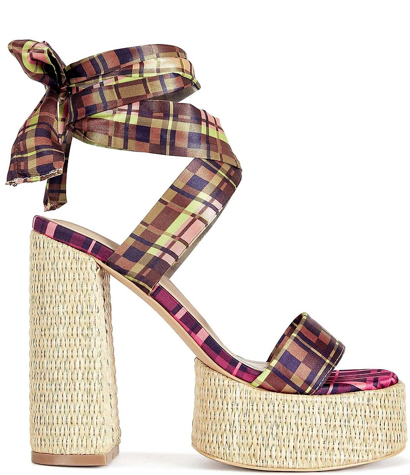 Azalea Wang Lazuli Plaid Ankle Tie Platform Block Heel Sandals