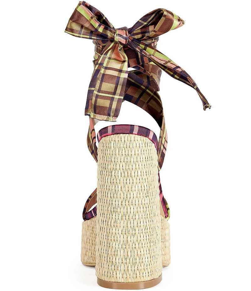 Azalea Wang Lazuli Plaid Ankle Tie Platform Block Heel Sandals