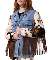 Azalea Wang Lila Cow Print Fringe Trim Denim Jacket