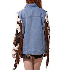 Azalea Wang Lila Cow Print Fringe Trim Denim Jacket