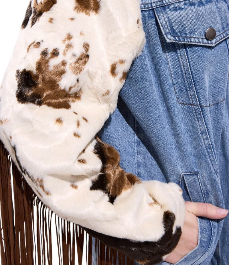 Azalea Wang Lila Cow Print Fringe Trim Denim Jacket
