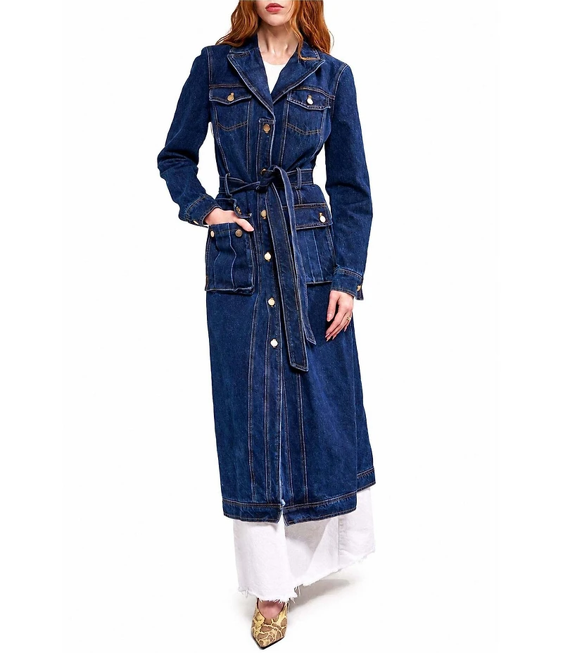 Azalea Wang Lucienne-Denim Point Collar Belted Button Front Trench Coat