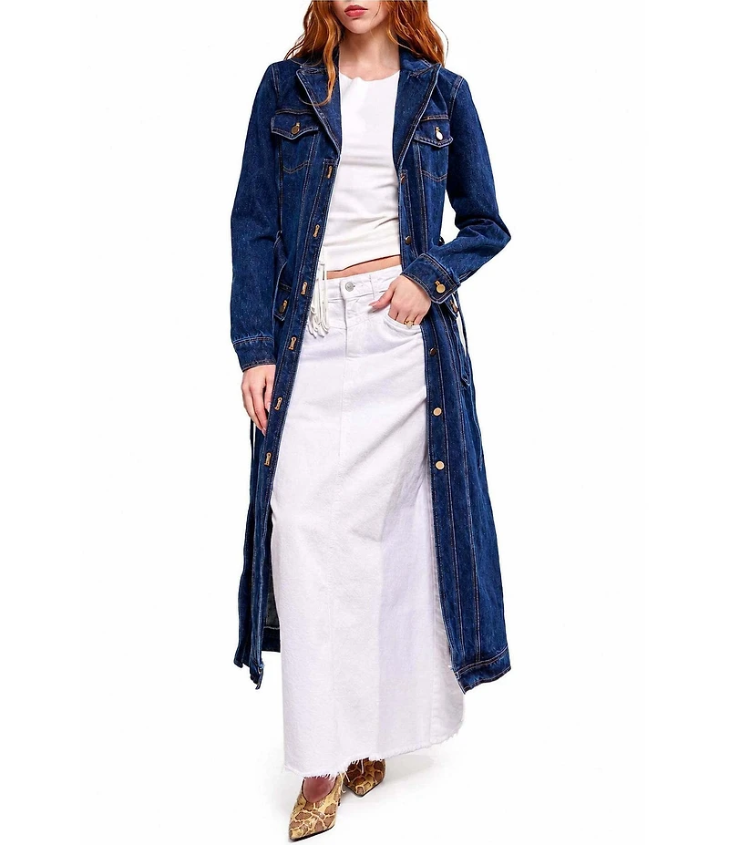 Azalea Wang Lucienne-Denim Point Collar Belted Button Front Trench Coat