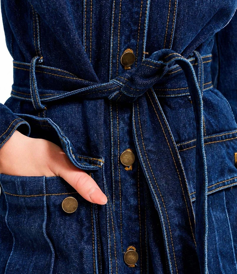 Azalea Wang Lucienne-Denim Point Collar Belted Button Front Trench Coat