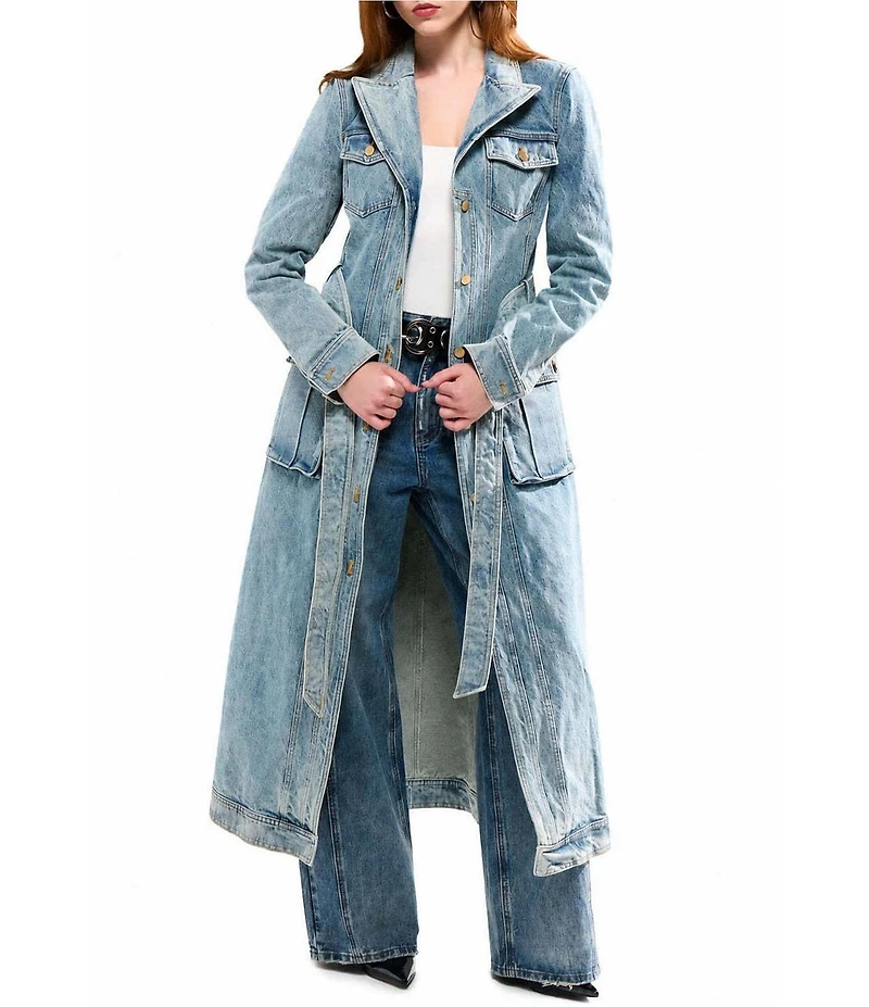 Azalea Wang Lucienne-Light Denim Notch Collar Belted Button Front Trench Coat