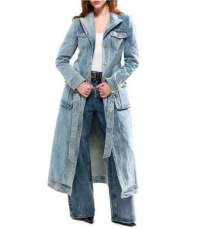Azalea Wang Lucienne-Light Denim Notch Collar Belted Button Front Trench Coat