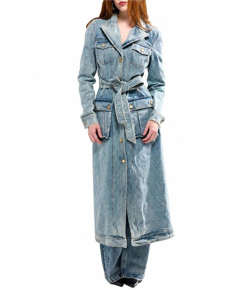 Azalea Wang Lucienne-Light Denim Notch Collar Belted Button Front Trench Coat