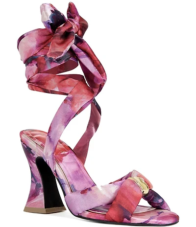 Azalea Wang Lulabelle Watercolor Print Hardware Ankle Tie Dress Sandals