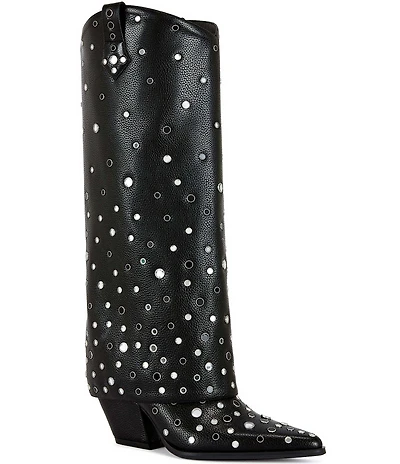 Azalea Wang Madlock Rhinestone Grommet Foldover Tall Boots