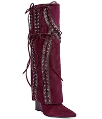 Azalea Wang Mantegna Laced Fold Over Shaft Wedge Tall Boots