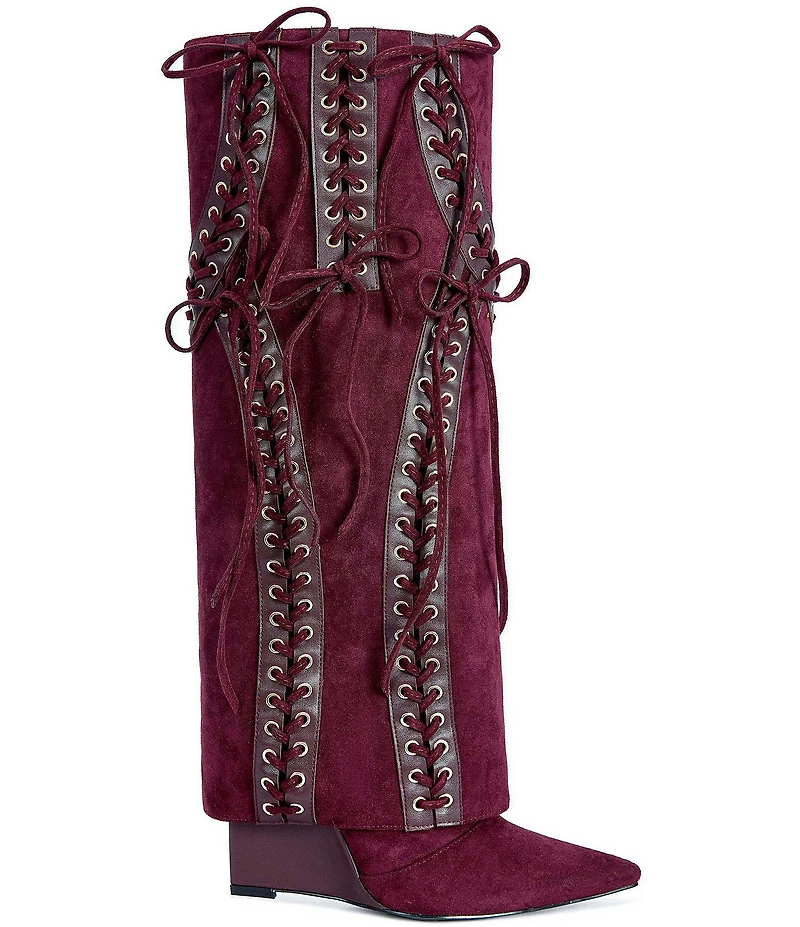 Azalea Wang Mantegna Laced Fold Over Shaft Wedge Tall Boots