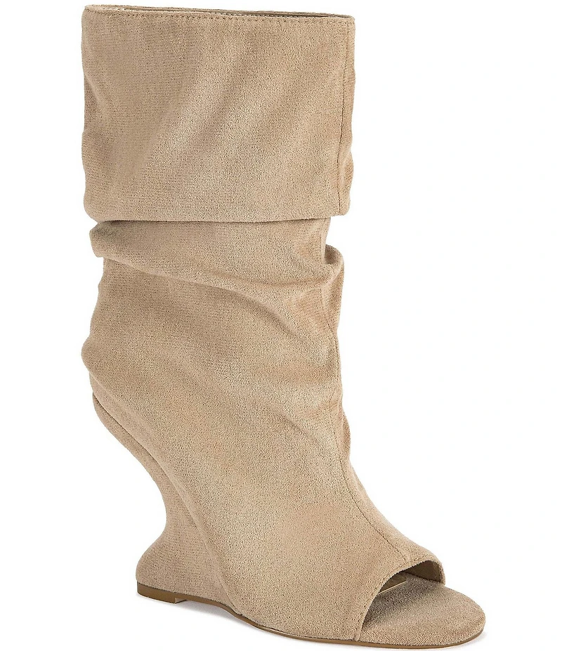 Azalea Wang Marin Slouch Shaft Sculpted Wedge Open Toe Mid Shooties