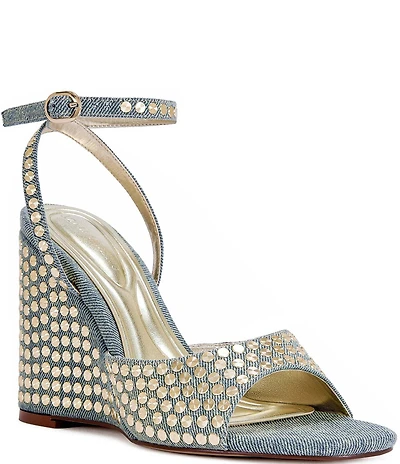 Azalea Wang Matteus Denim Ankle Strap Studded Wedge Sandals