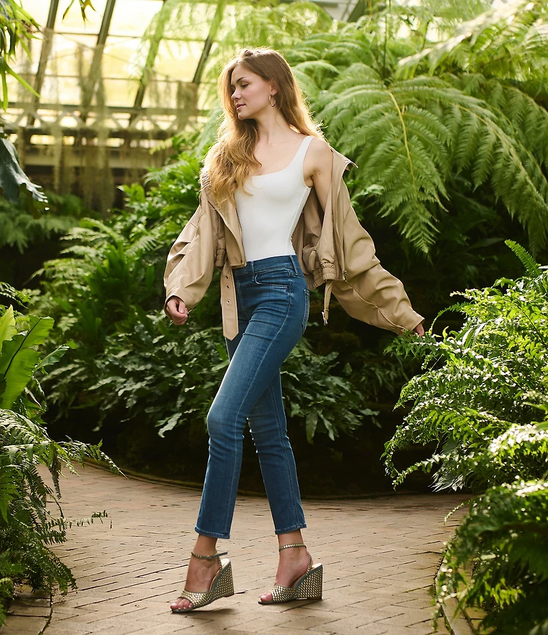 Azalea Wang Matteus Denim Ankle Strap Studded Wedge Sandals