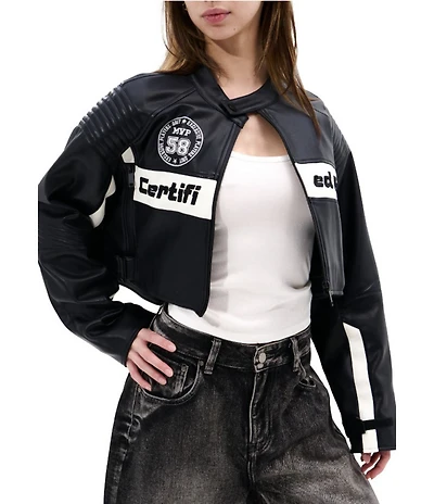 Azalea Wang Max-Black Colorblock Mandarin Collar Zip Front Moto Jacket