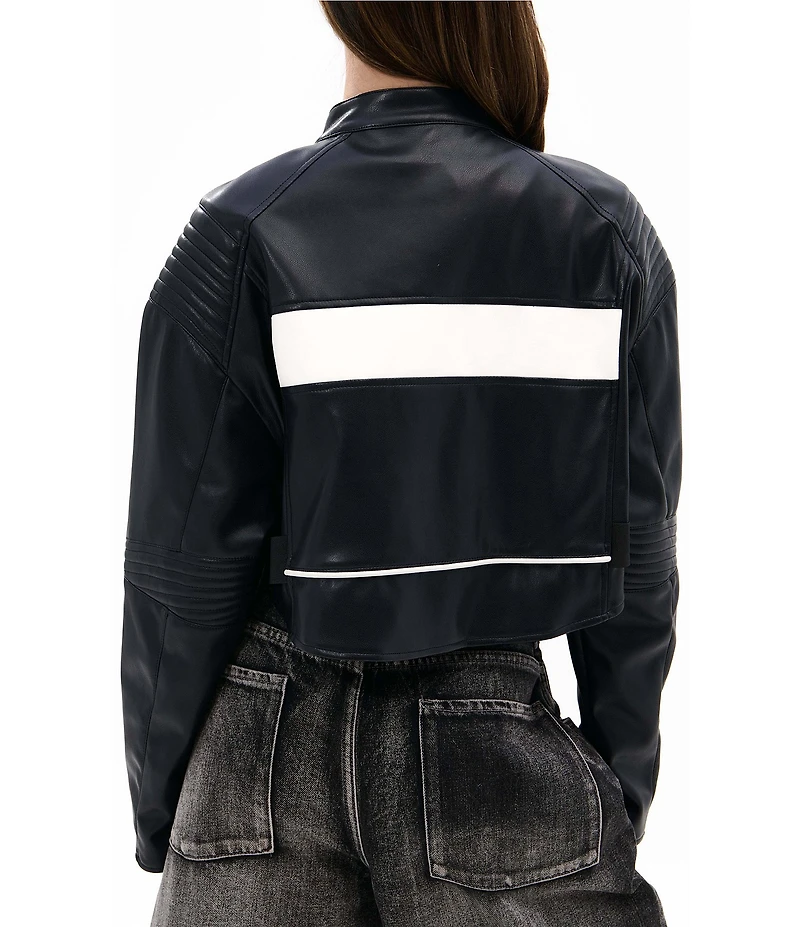 Azalea Wang Max-Black Colorblock Mandarin Collar Zip Front Moto Jacket
