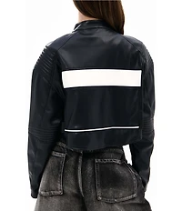 Azalea Wang Max-Black Colorblock Mandarin Collar Zip Front Moto Jacket