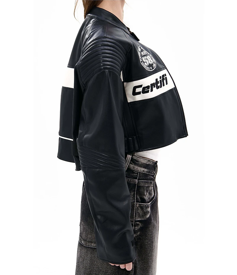 Azalea Wang Max-Black Colorblock Mandarin Collar Zip Front Moto Jacket