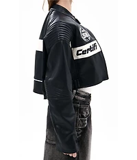 Azalea Wang Max-Black Colorblock Mandarin Collar Zip Front Moto Jacket