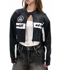 Azalea Wang Max-Black Colorblock Mandarin Collar Zip Front Moto Jacket