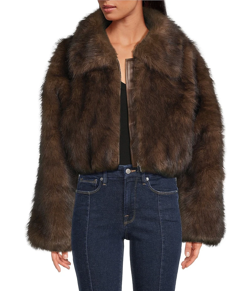 Azalea Wang Memphis Brown Faux Fur Shawl Collar Zip Front Bomber Jacket