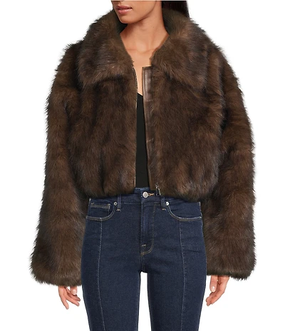 Azalea Wang Memphis Brown Faux Fur Shawl Collar Zip Front Bomber Jacket