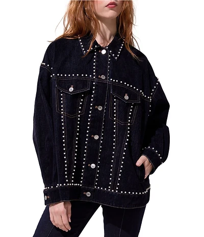 Azalea Wang Micah Studded Point Collar Denim Oversized Jacket