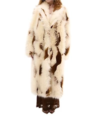 Azalea Wang Miles Abstract Pattern Faux Fur Notch Lapel Front Hook Maxi Jacket