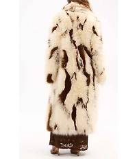 Azalea Wang Miles Abstract Pattern Faux Fur Notch Lapel Front Hook Maxi Jacket