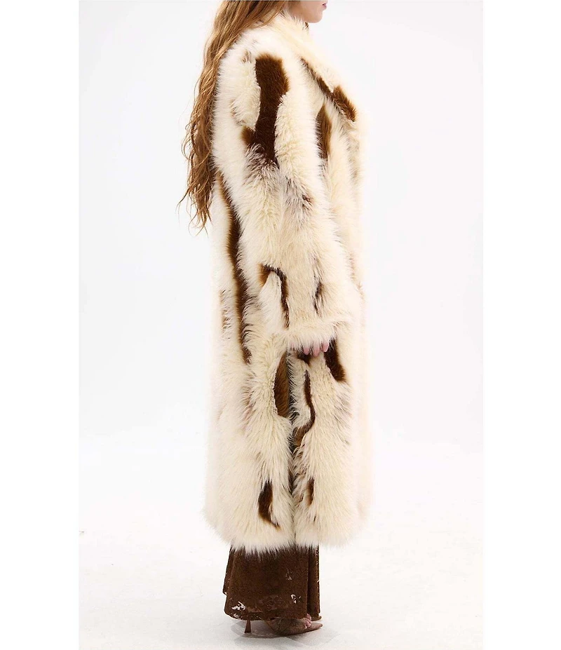 Azalea Wang Miles Abstract Pattern Faux Fur Notch Lapel Front Hook Maxi Jacket